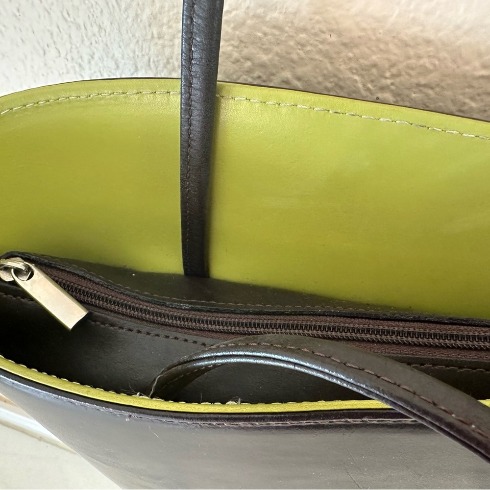 Tiffany & Fred Paris Dark Brown Leather Tote Bag Green Interior - Picture 7 of 12